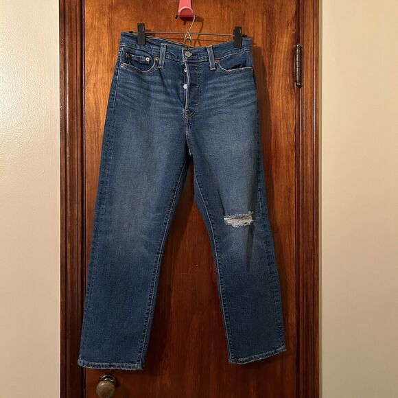 Levi's Jeans Wedgie Straight Women’s 29 Distressed Dark Blue Denim Button Fly - Picture 1 of 10